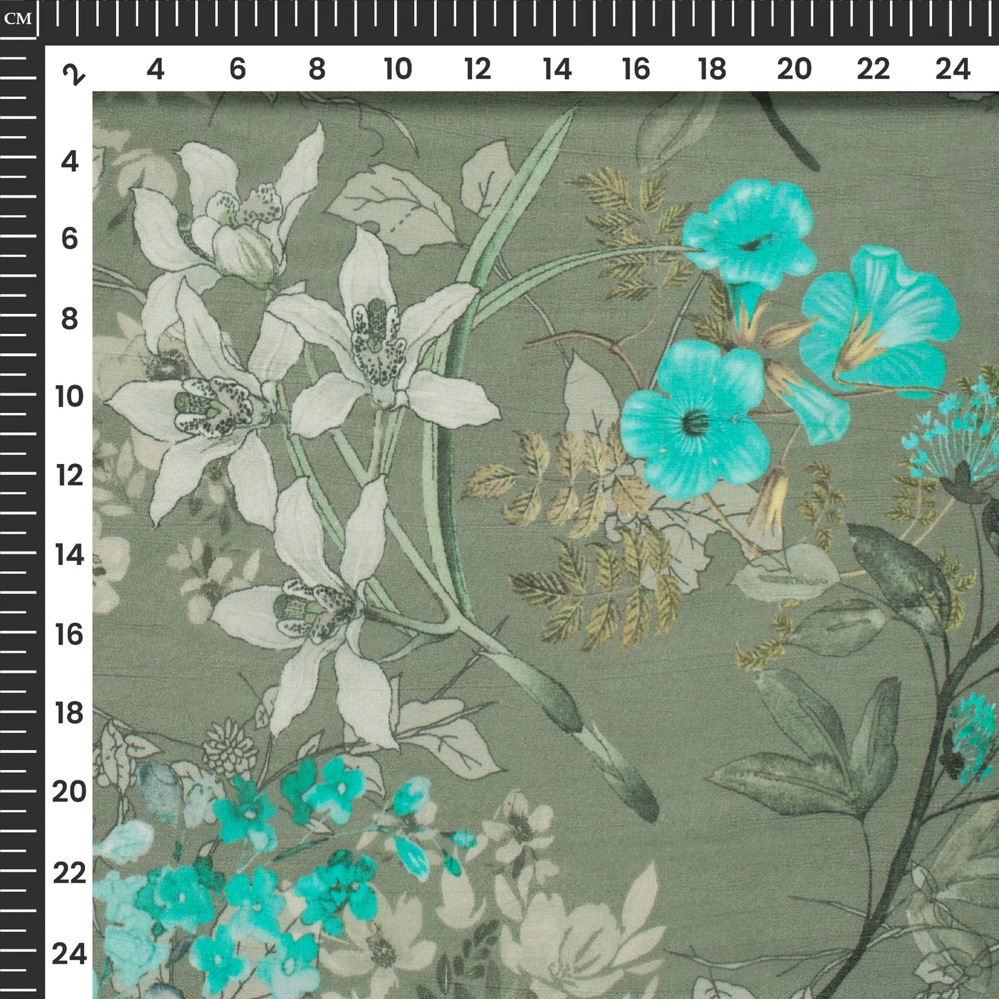 Gray Green Floral Digital Print Viscose Georgette Fabric