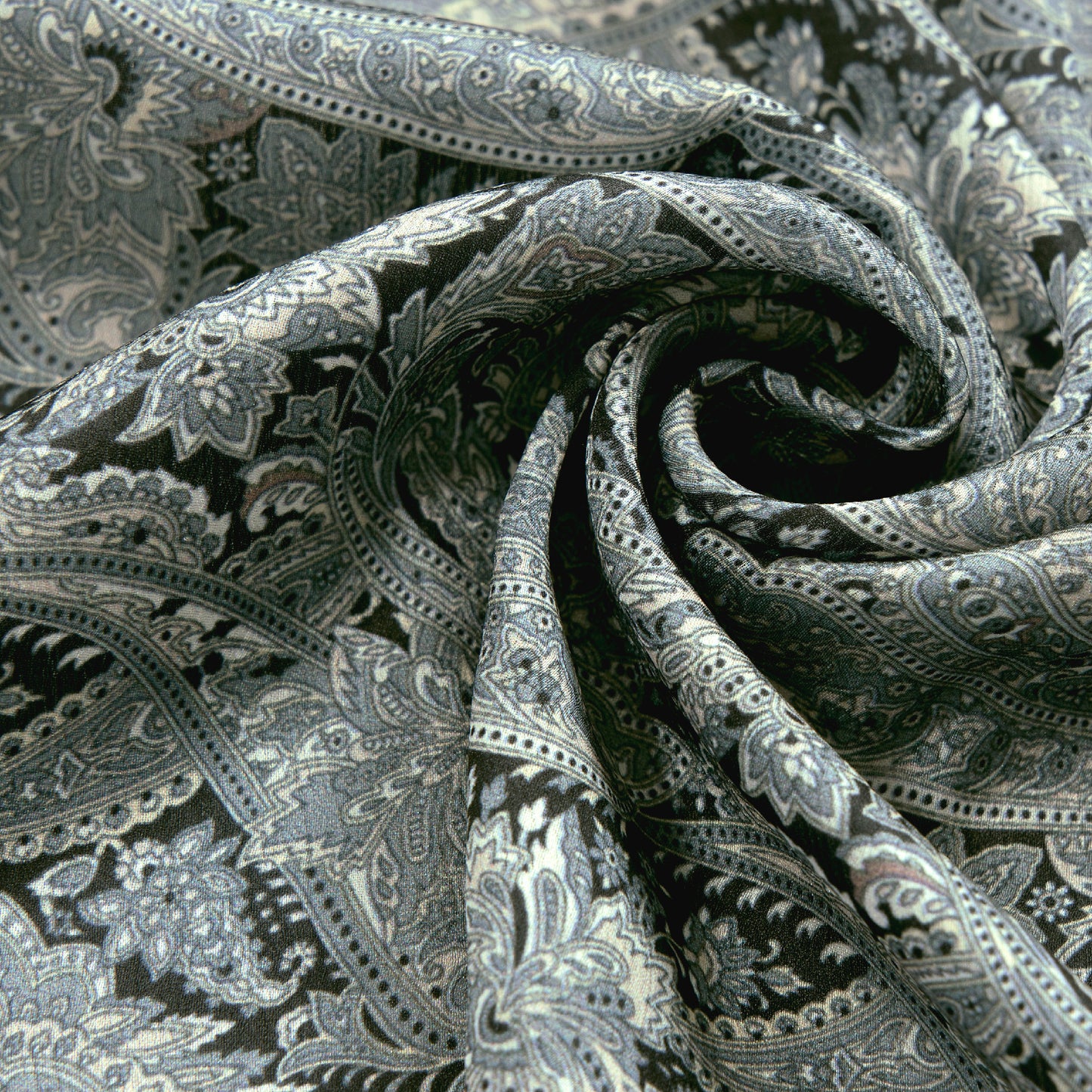 Gray Paisley Digital Print Chiffon Satin Fabric