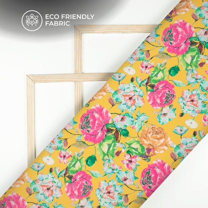 Yellow Floral Digital Print Crepe Silk Fabric