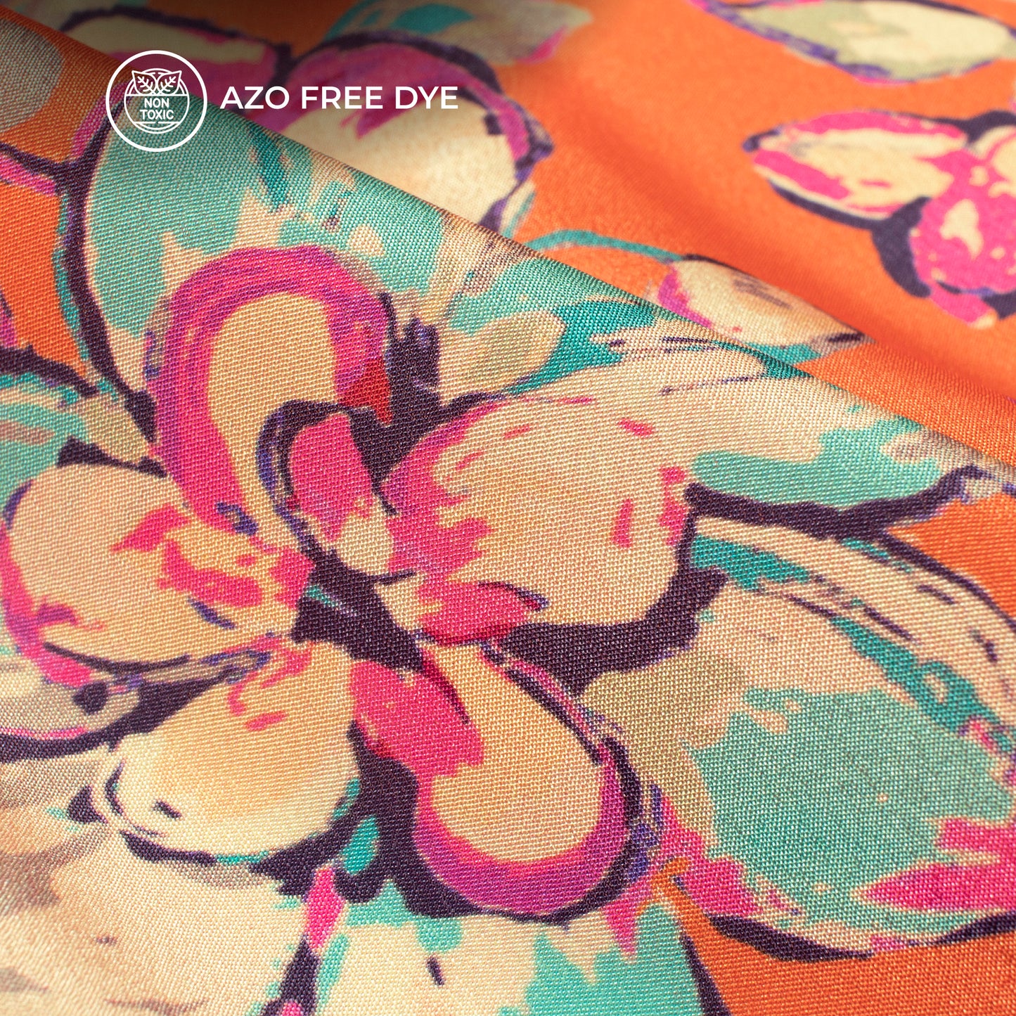 Orange Floral Digital Print Crepe Silk Fabric