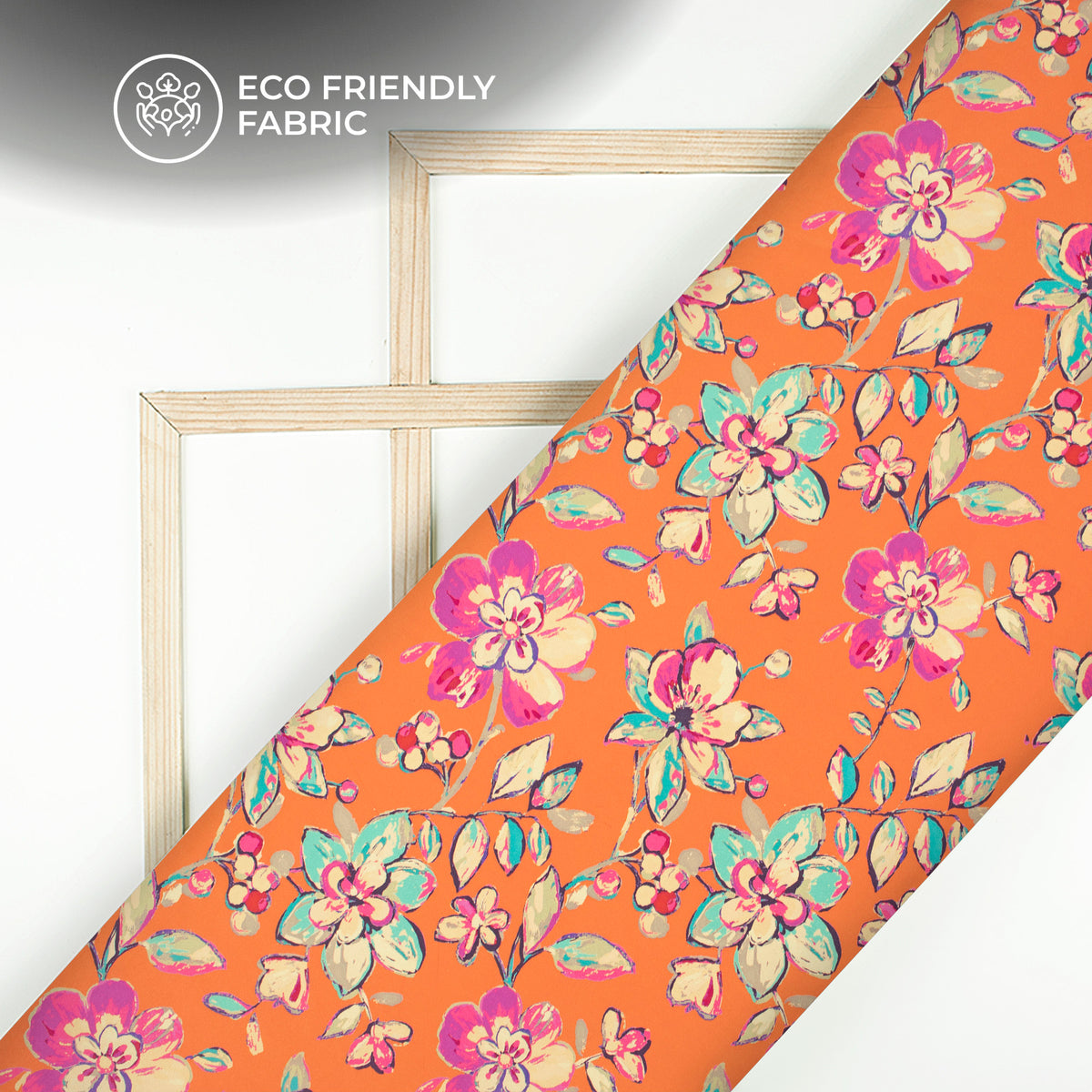 Orange Floral Digital Print Crepe Silk Fabric