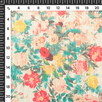 Salmon Pink Floral Digital Print Premium Sequins Georgette Fabric