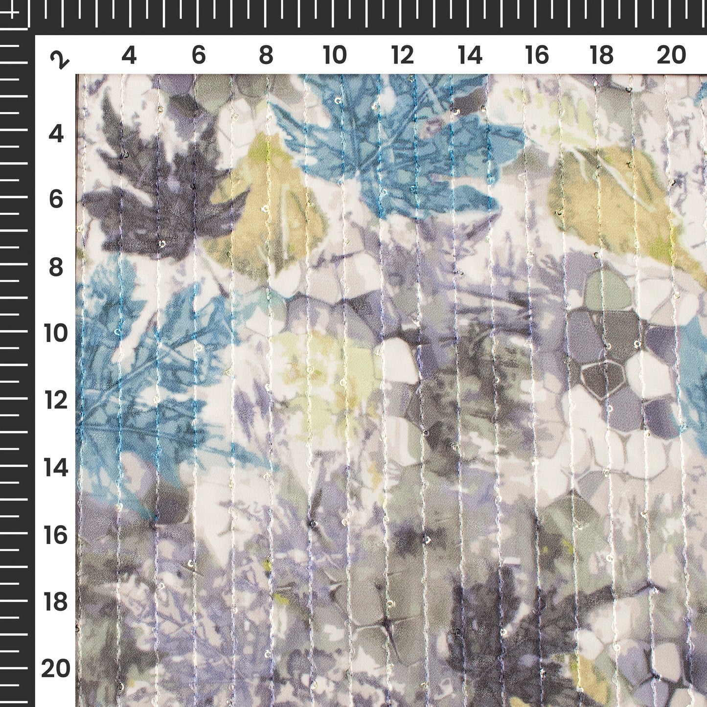 French Blue Leaf Digital Print Premium Sequins Georgette Fabric