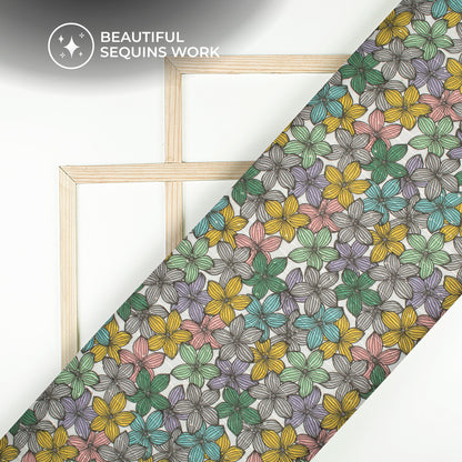 Vintage Floral Digital Print Premium Sequins Georgette Fabric