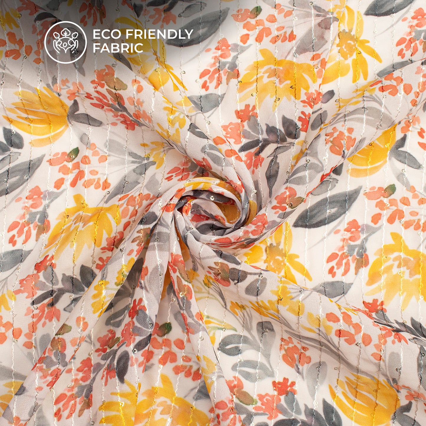Yellow Floral Digital Print Premium Sequins Georgette Fabric