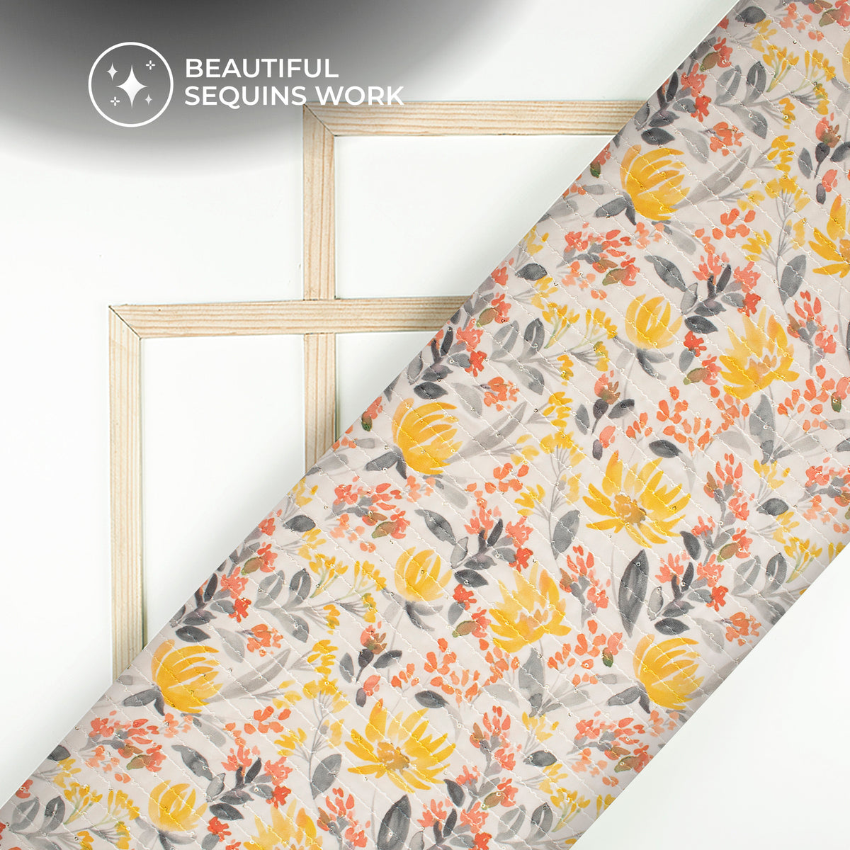 Yellow Floral Digital Print Premium Sequins Georgette Fabric