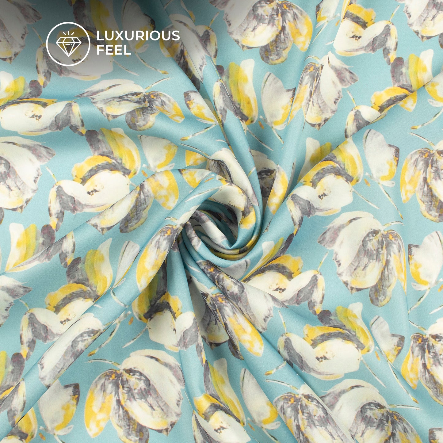 Baby Blue Floral Digital Print Imported Satin Fabric