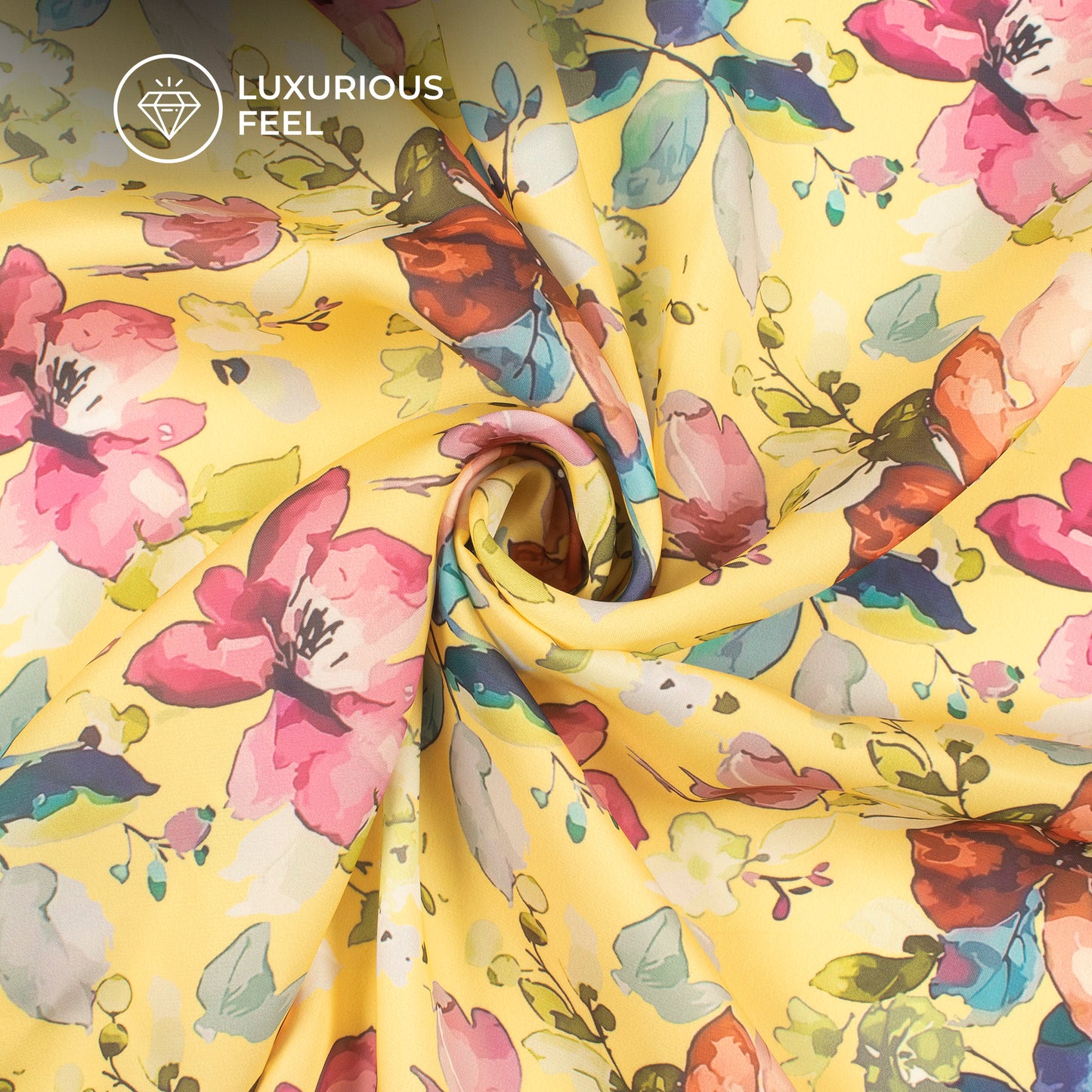 Yellow Floral Digital Print Imported Satin Fabric