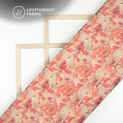 Pastle Red Abstract Digital Print Kota Doria Fabric