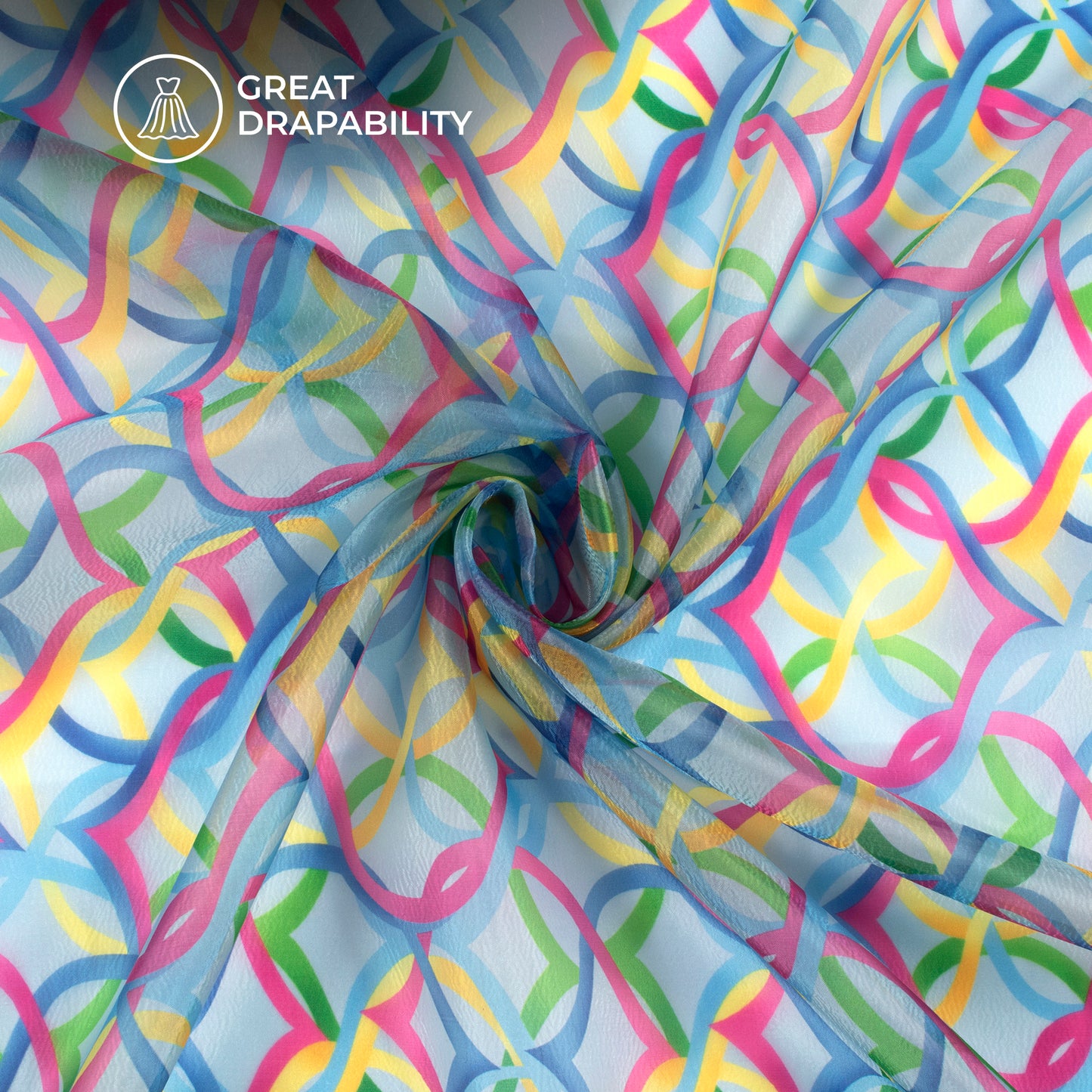Multi-Color Geometrical Digital Print Liquid Organza Fabric