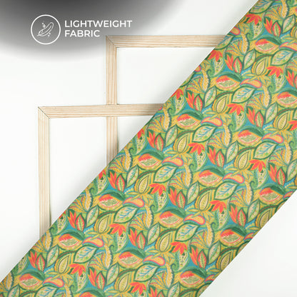 Dark Green Leaf Digital Print Organza Satin Fabric