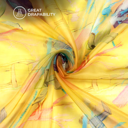 Lemon Yellow Floral Digital Print Organza Satin Fabric