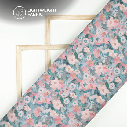 Sky Blue Floral Digital Print Organza Satin Fabric