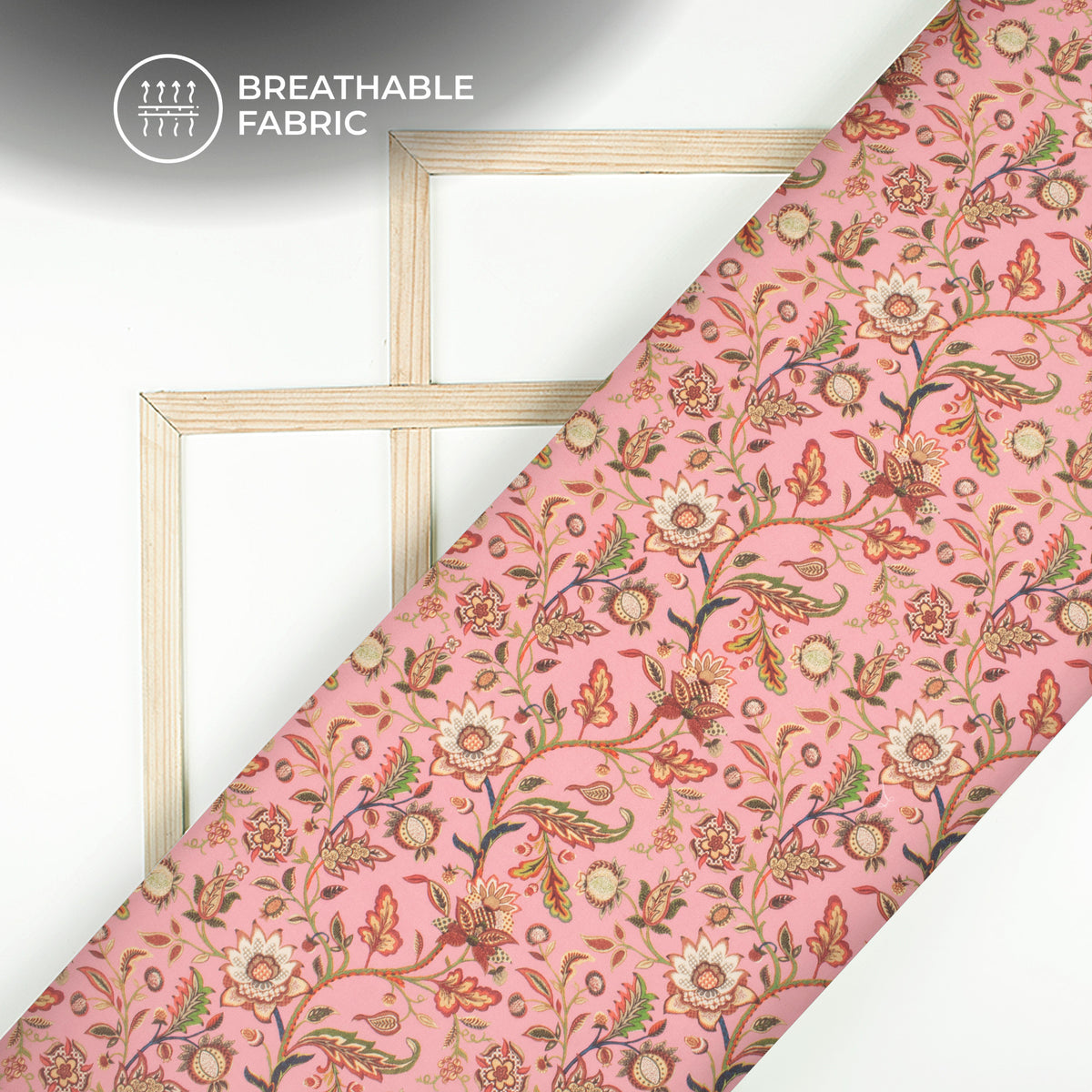Rose Pink Floral Digital Print Poly Cambric Fabric