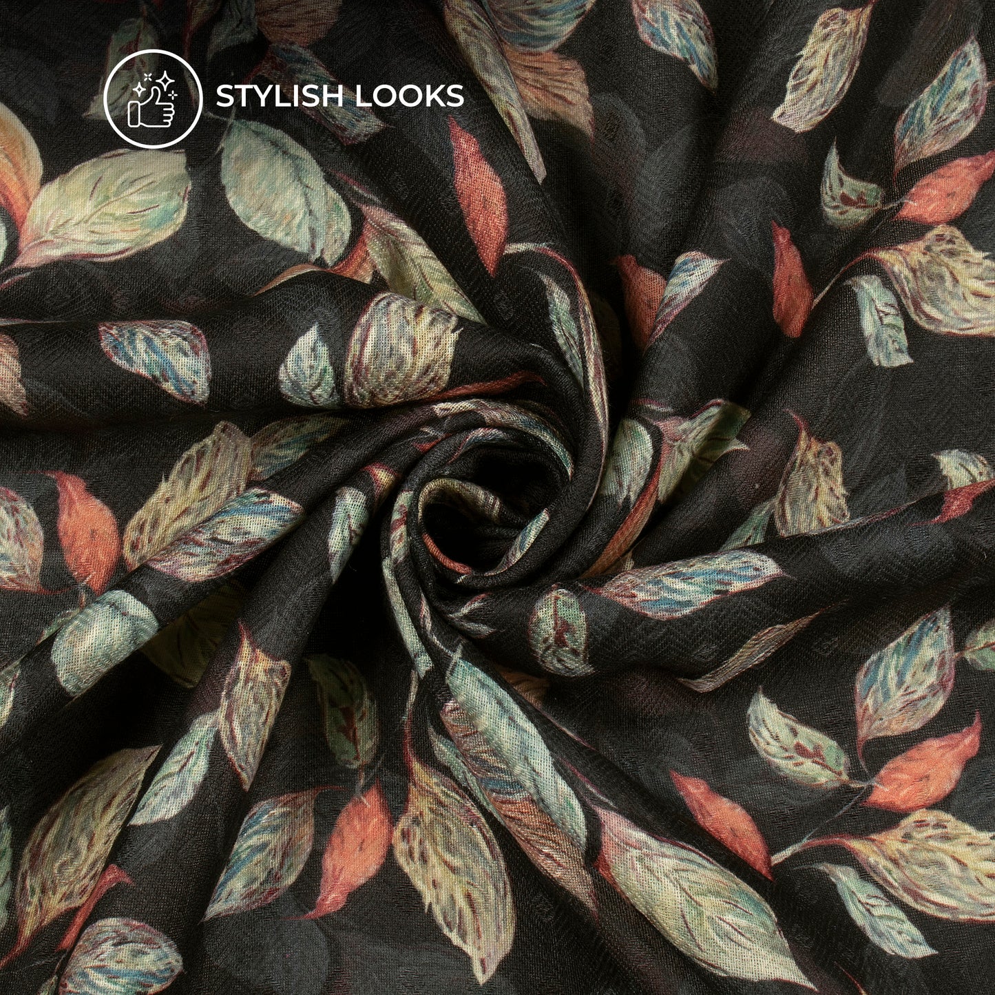 Black Leaf Digital Print Blend Pashmina Fabric
