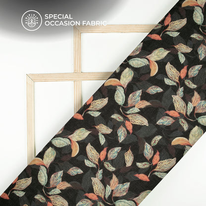 Black Leaf Digital Print Blend Pashmina Fabric