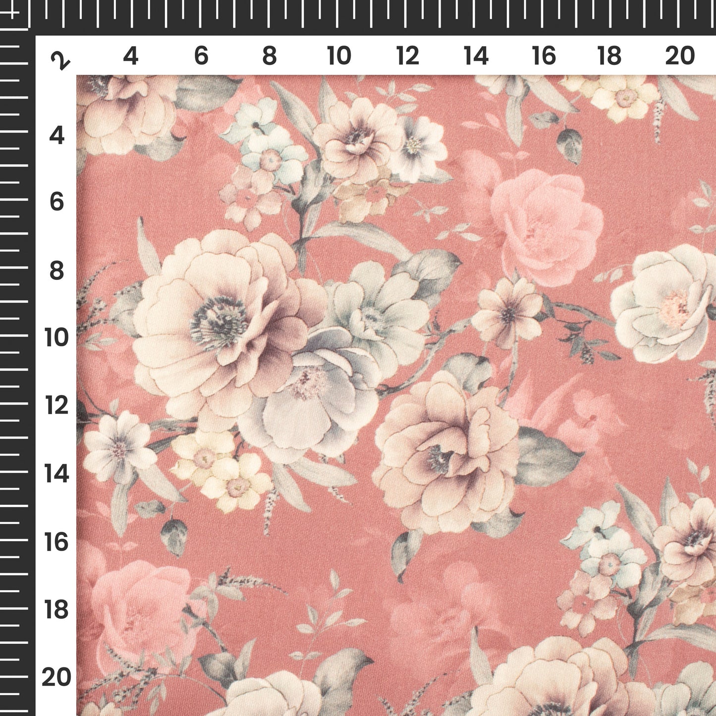 Coral Pink Floral Digital Print Poly Glazed Cotton Fabric