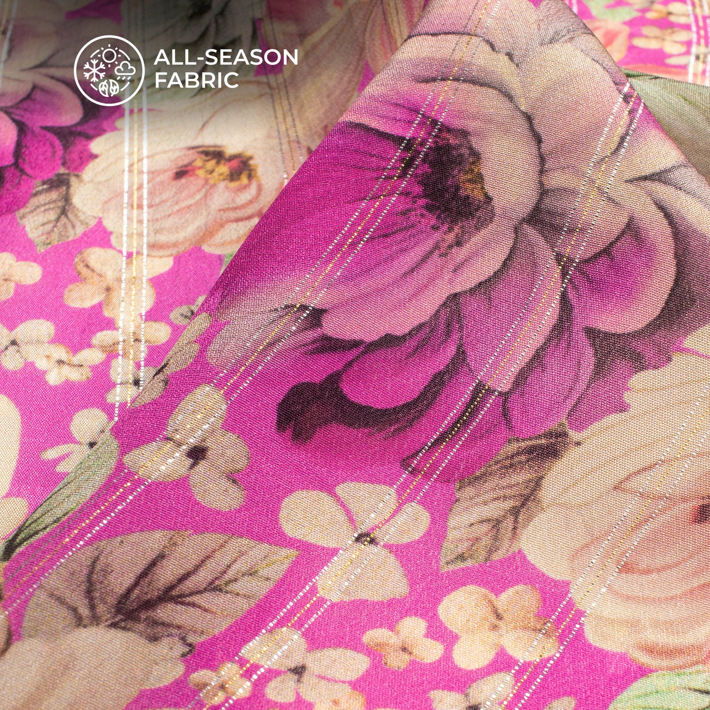 Elegant Floral Digital Print Bemberg Crepe Lurex Fabric