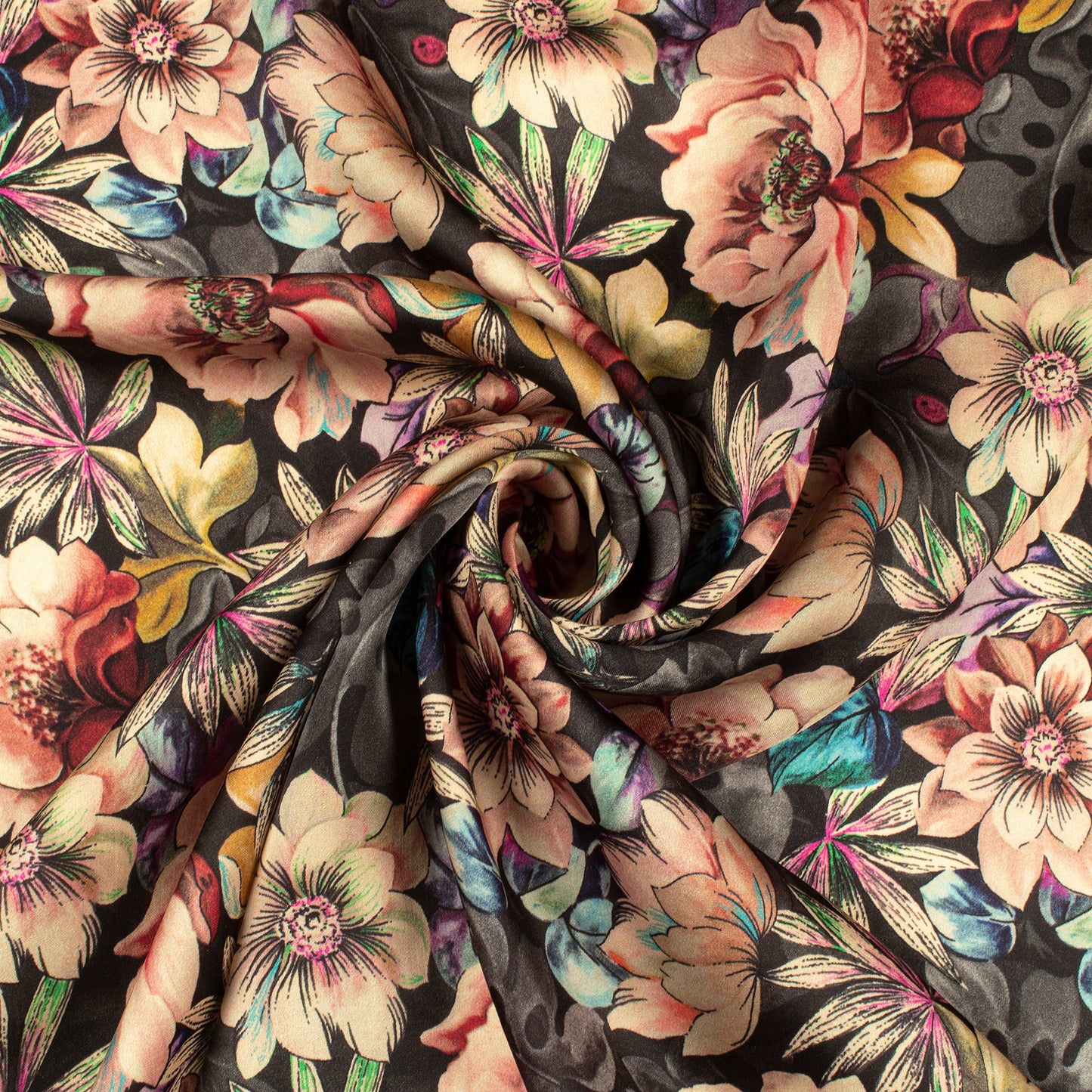 Colorful Floral Digital Print Assami Bemberg Satin Fabric