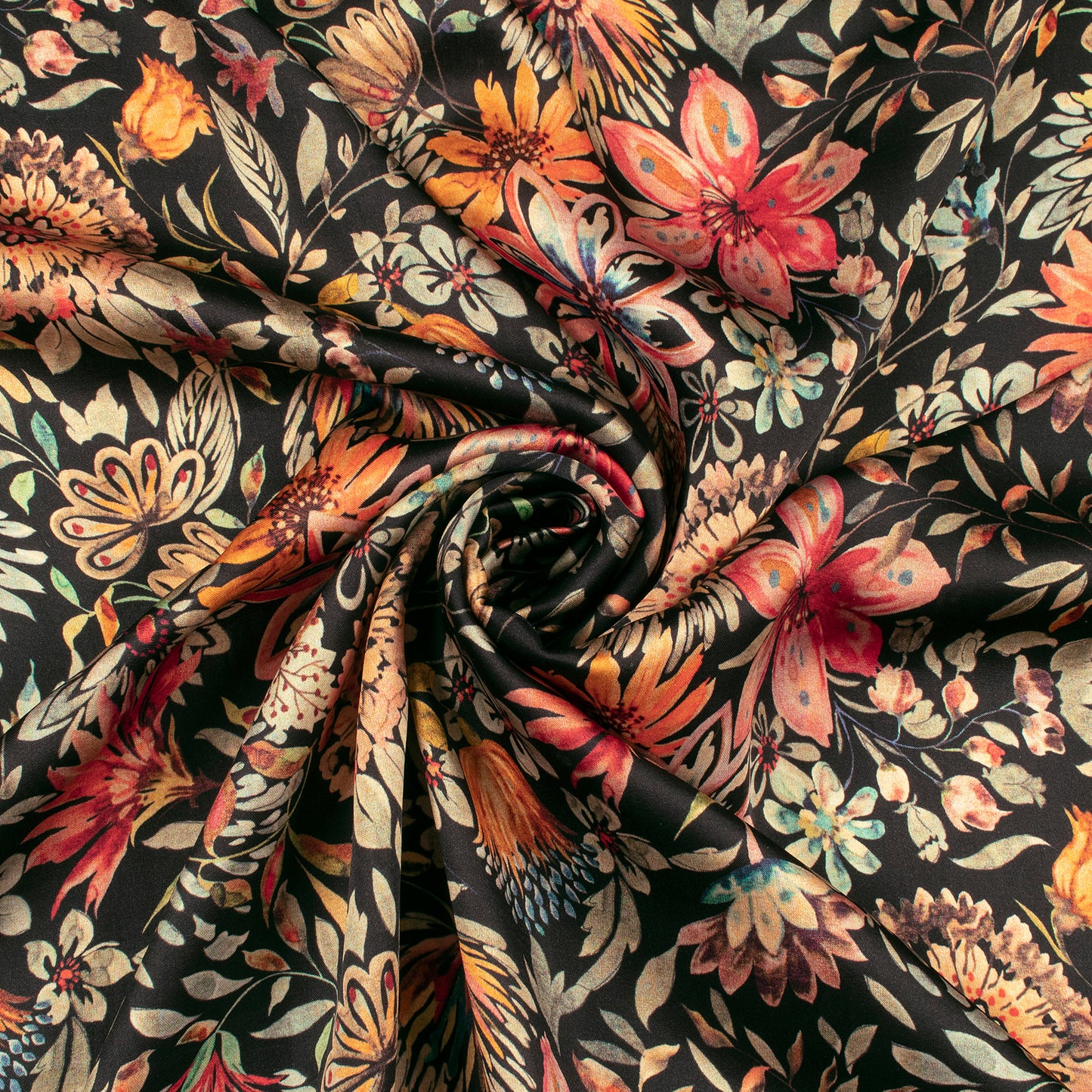 Black Floral Digital Print Assami Bemberg Satin Fabric