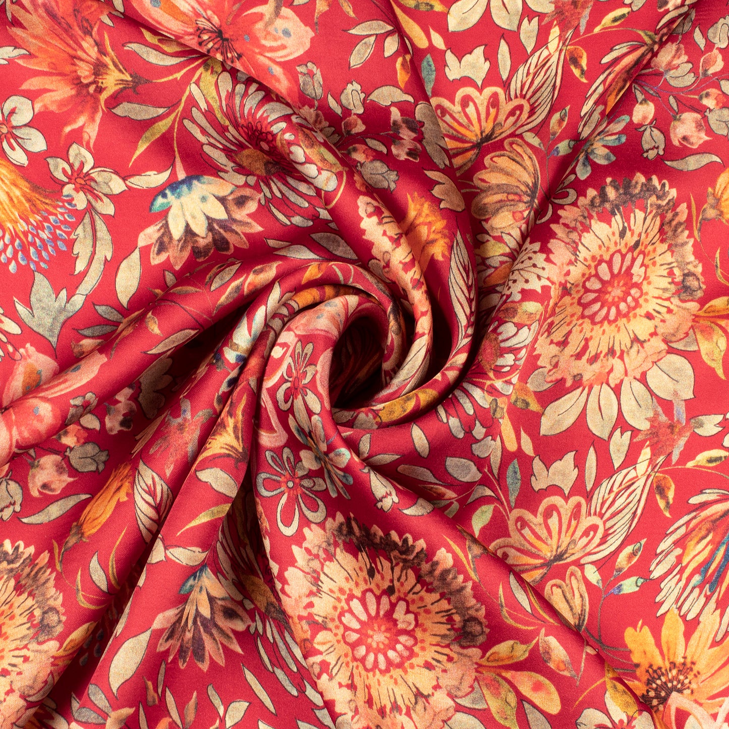 Red Floral Digital Print Assami Bemberg Satin Fabric