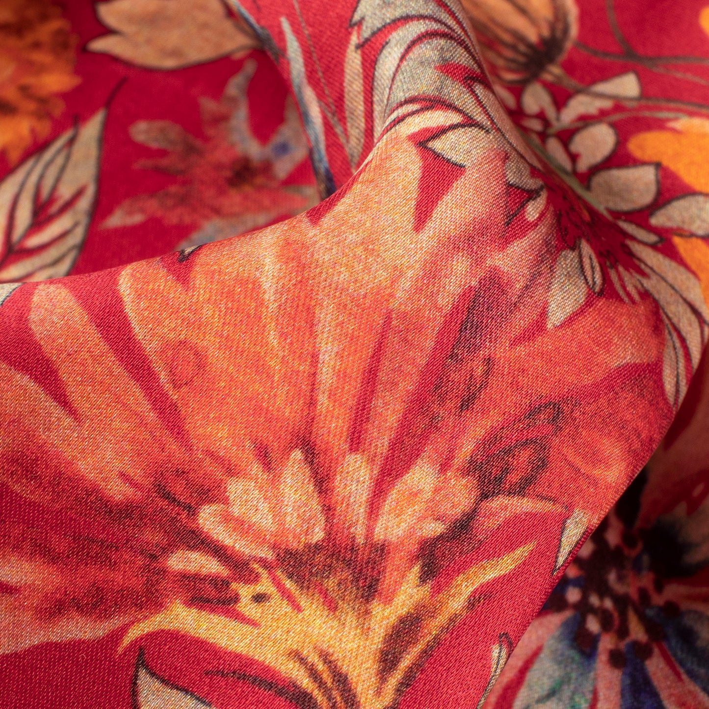 Red Floral Digital Print Assami Bemberg Satin Fabric