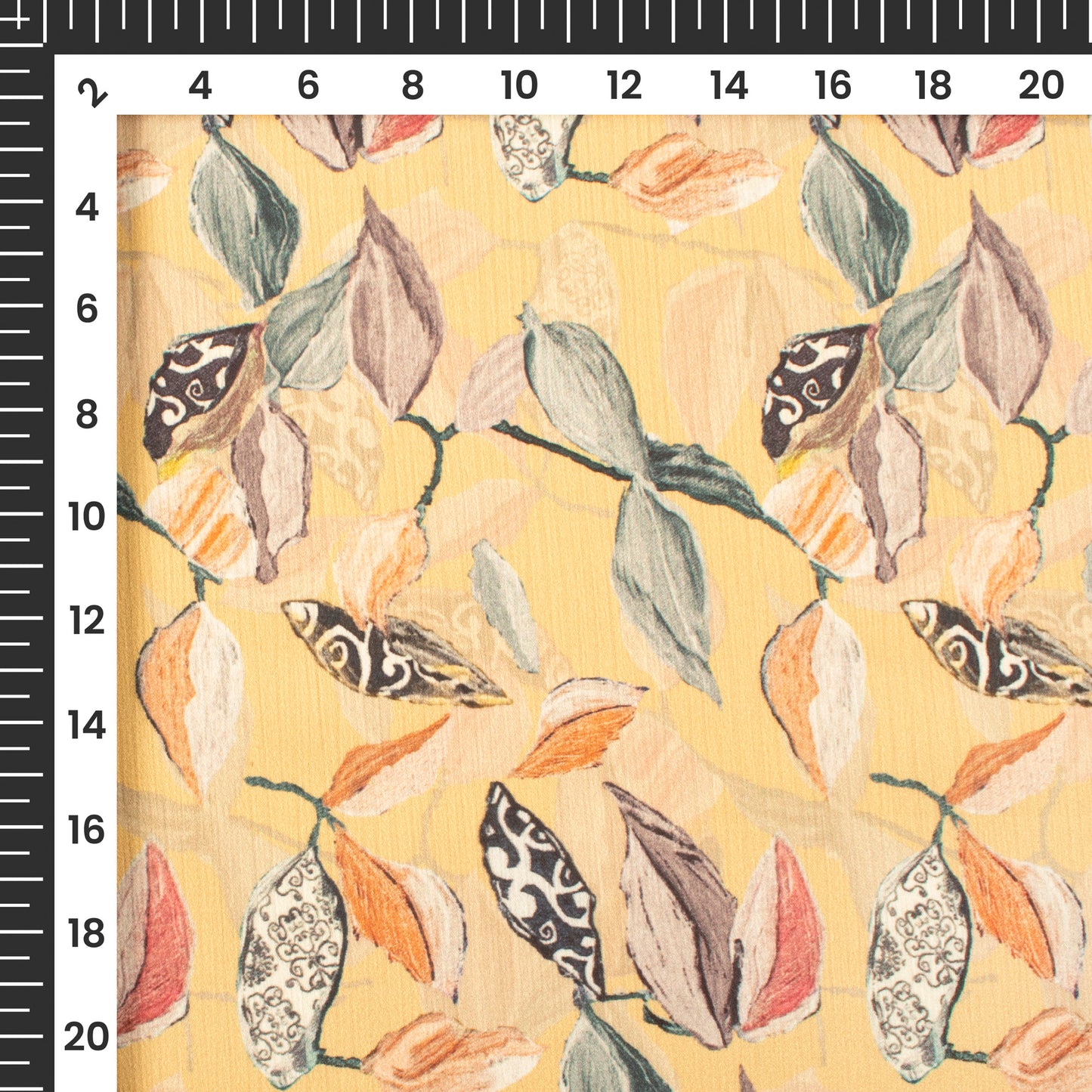 Pastle Yellow Leaf Digital Print Chiffon Satin Fabric