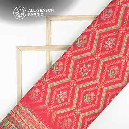 Cherry Red Floral Digital Print Cotton Cambric Fabric
