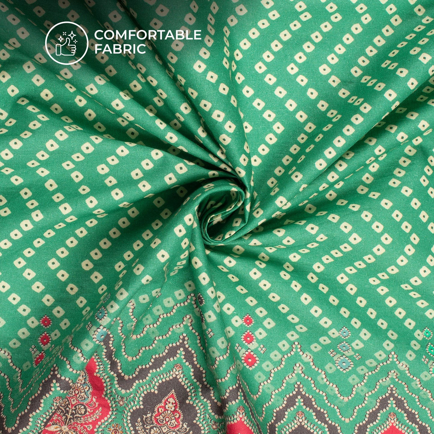 Emerald Green Bandhani Digital Print Cotton Cambric Fabric