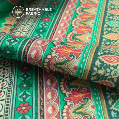 Creative Digital Print Mulmul Cotton Fabric - Floral, Designer Border