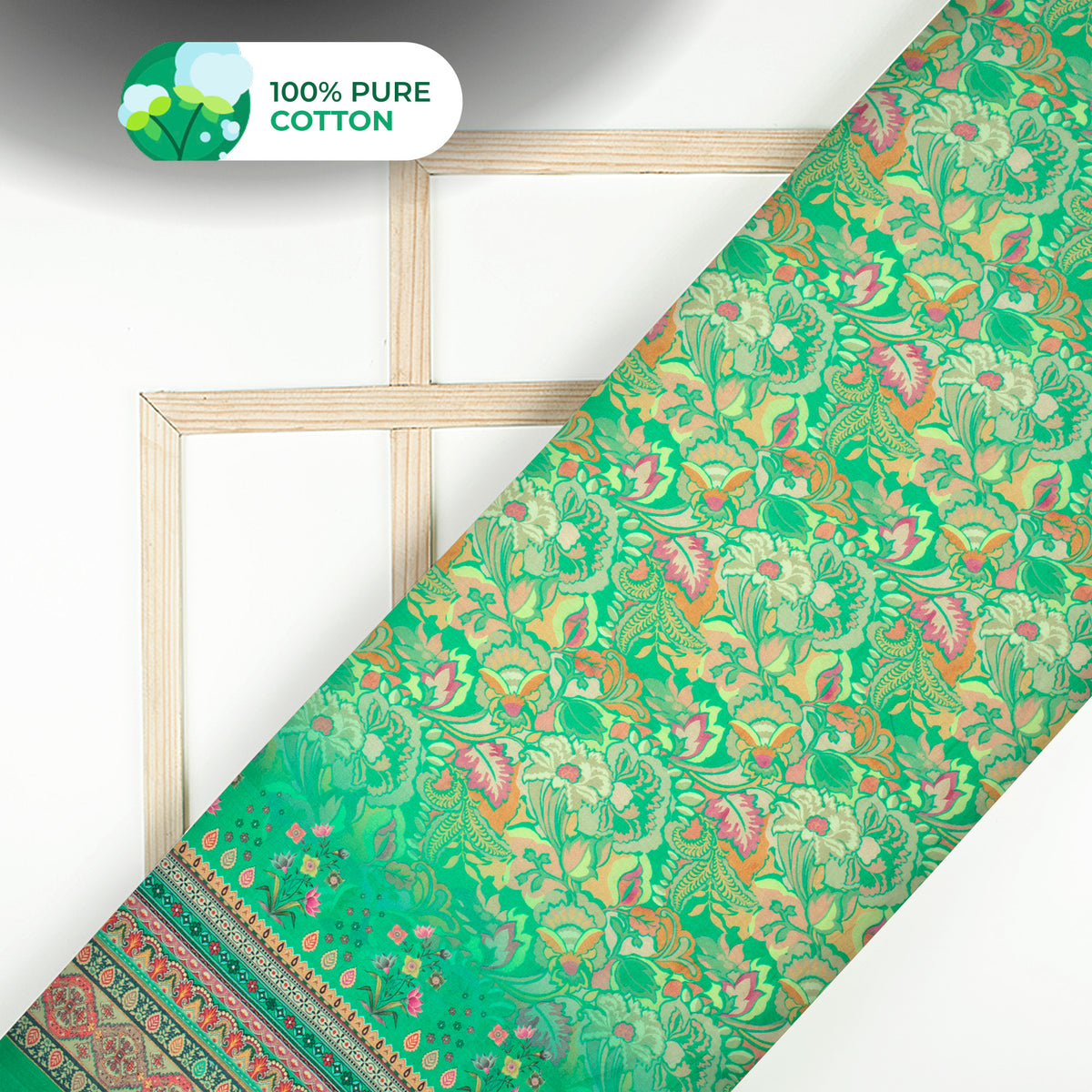 Creative Digital Print Mulmul Cotton Fabric - Floral, Designer Border