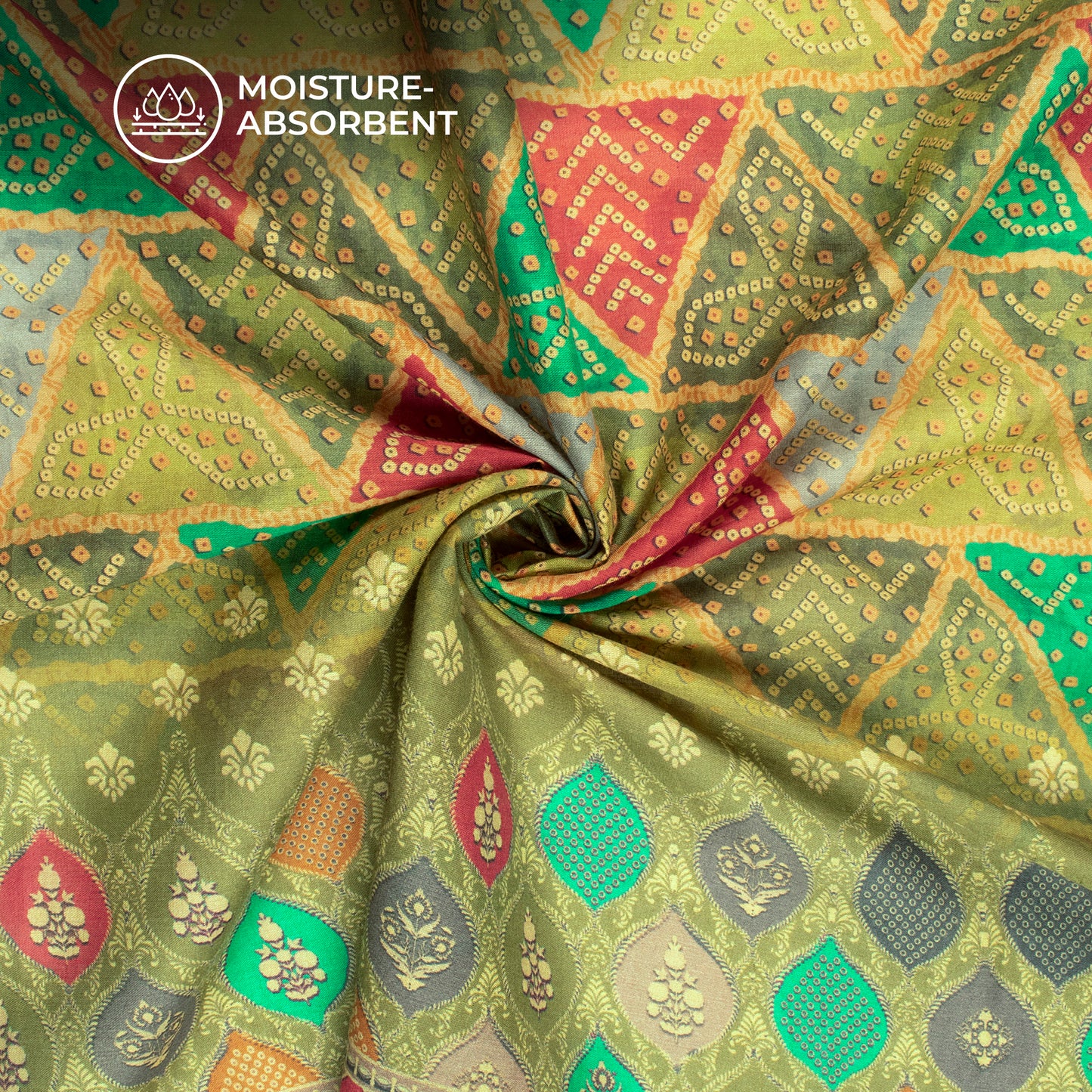 Bandhani Bloom Drop Digital Print Cotton Mulmul Fabric, Seamless And Rare