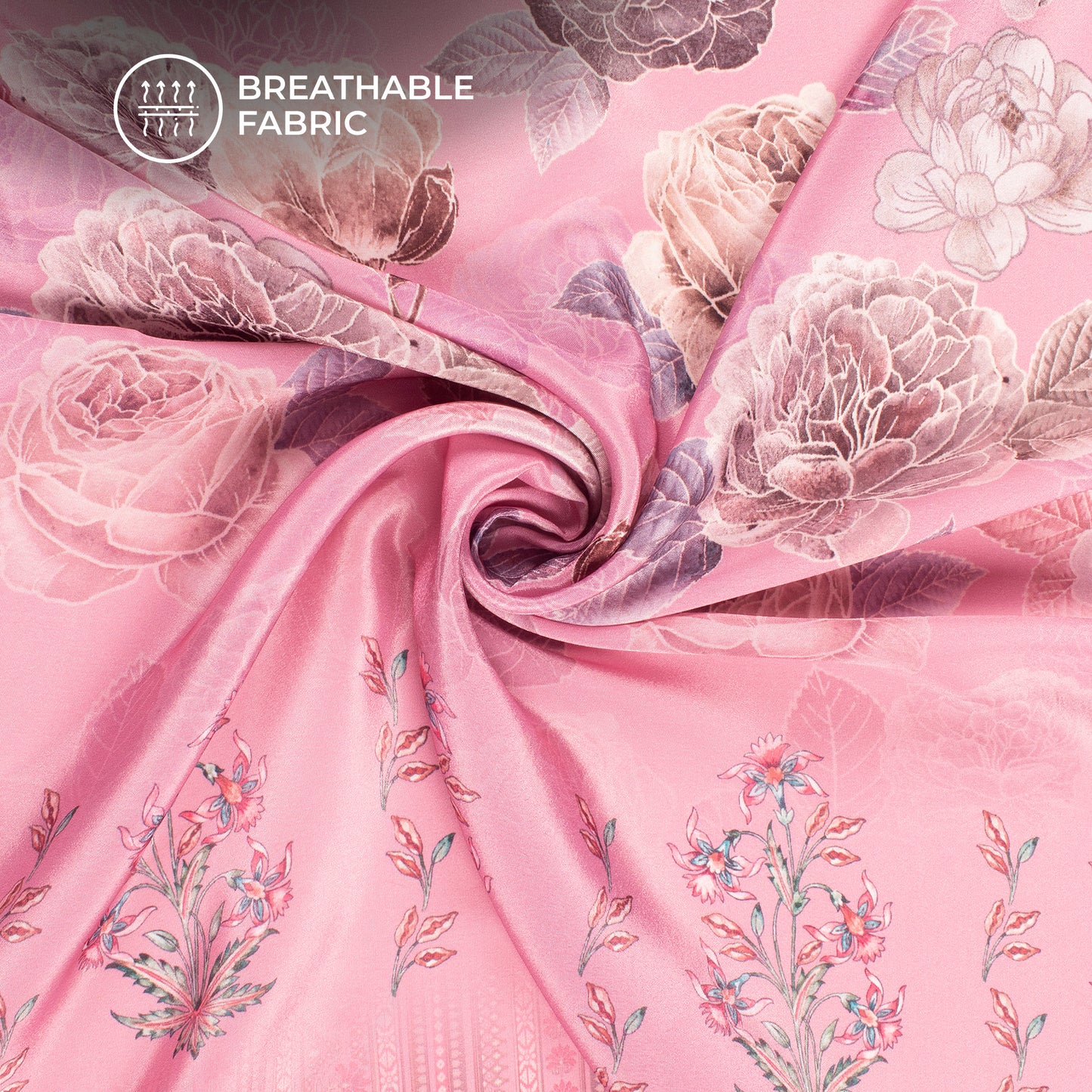 Mouvelouse Pink Floral Digital Print Crepe Silk Fabric