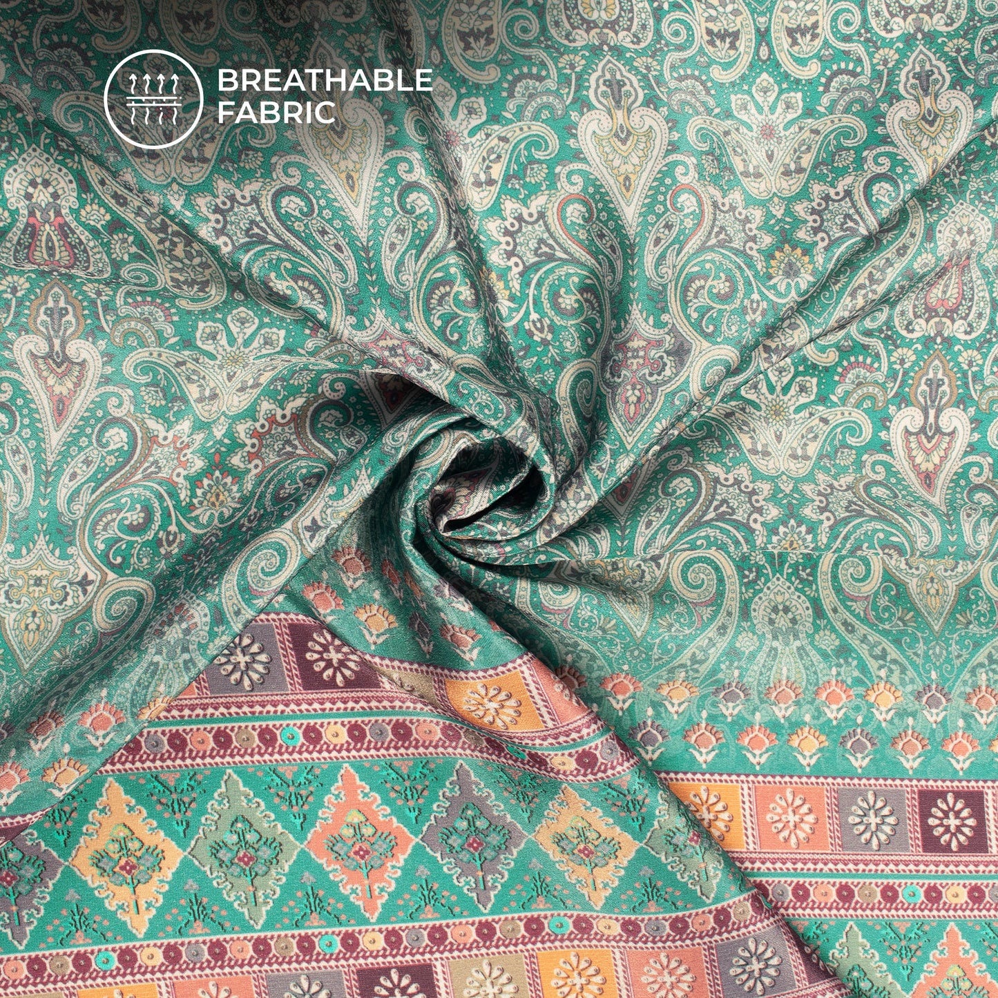 Emerald Green Paisley Digital Print Crepe Silk Fabric