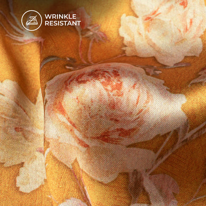 Gold Yellow Floral Digital Print Japan Satin Fabric