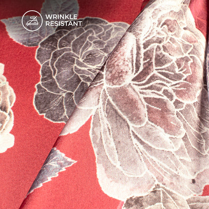 Cherry Red Floral Digital Print Japan Satin Fabric