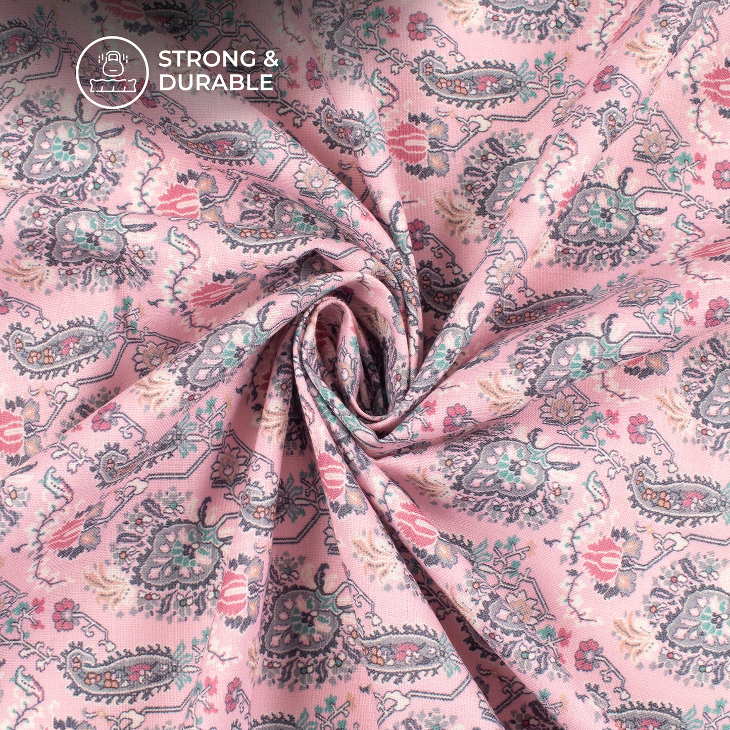 Bubblegum Pink Ethnic Digital Print Linen Textured Fabric (Width 56 Inches)