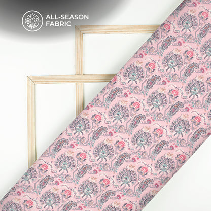 Bubblegum Pink Ethnic Digital Print Linen Textured Fabric (Width 56 Inches)
