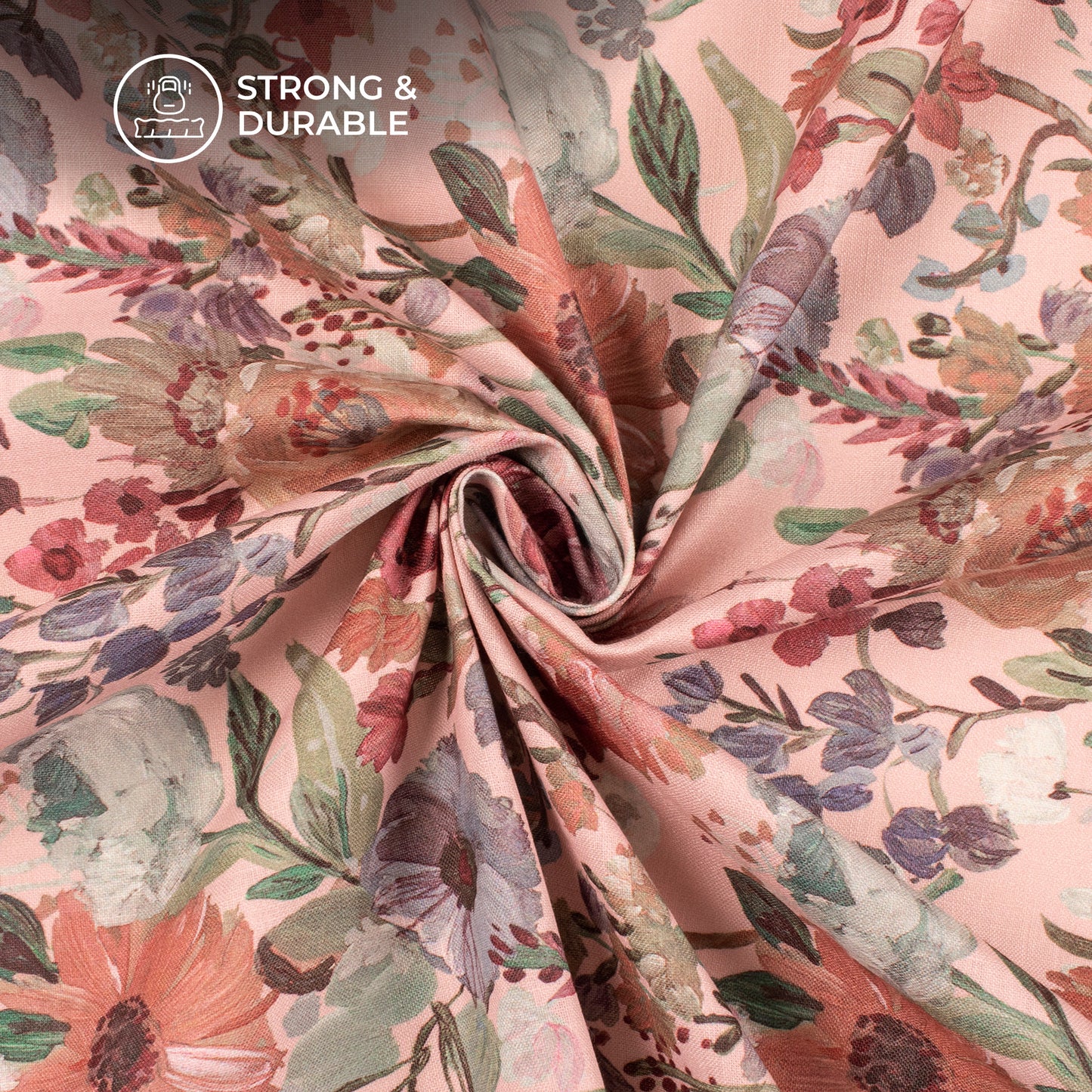 Salmon Pink Floral Digital Print Linen Textured Fabric (Width 56 Inches)
