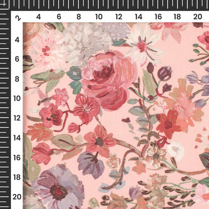 Salmon Pink Floral Digital Print Linen Textured Fabric (Width 56 Inches)