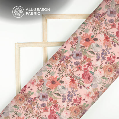 Salmon Pink Floral Digital Print Linen Textured Fabric (Width 56 Inches)
