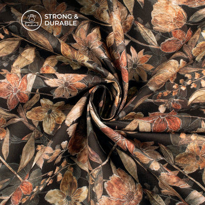 Black Floral Digital Print Linen Textured Fabric (Width 56 Inches)