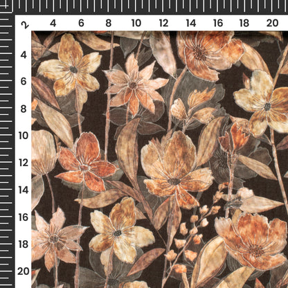 Black Floral Digital Print Linen Textured Fabric (Width 56 Inches)