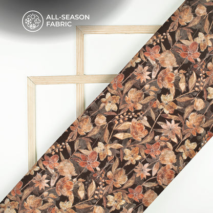 Black Floral Digital Print Linen Textured Fabric (Width 56 Inches)