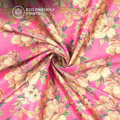Hot Pink Floral Digital Print Art Tusser Silk Fabric