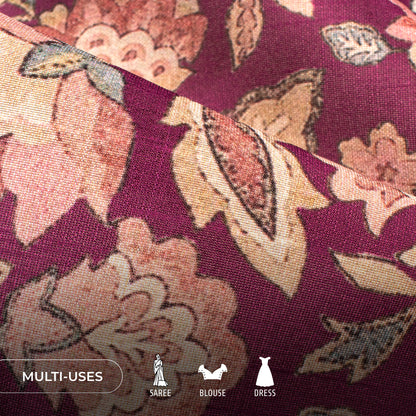 Wine Purple Floral Digital Print Art Tusser Silk Fabric