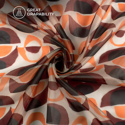 Brown Geometric Digital Print Organza Satin Fabric
