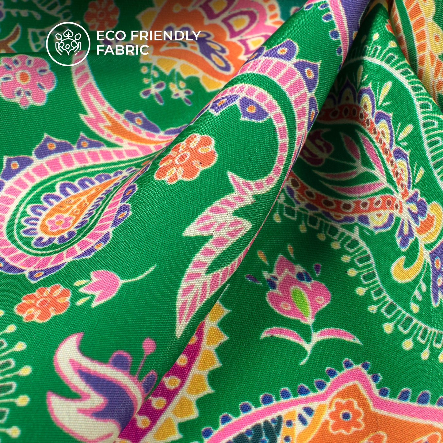 Green And Pink Paisley Digital Print Crepe Silk Fabric