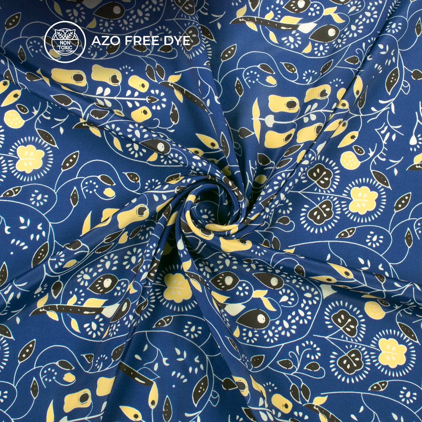 Navy Blue Floral Digital Print Crepe Silk Fabric