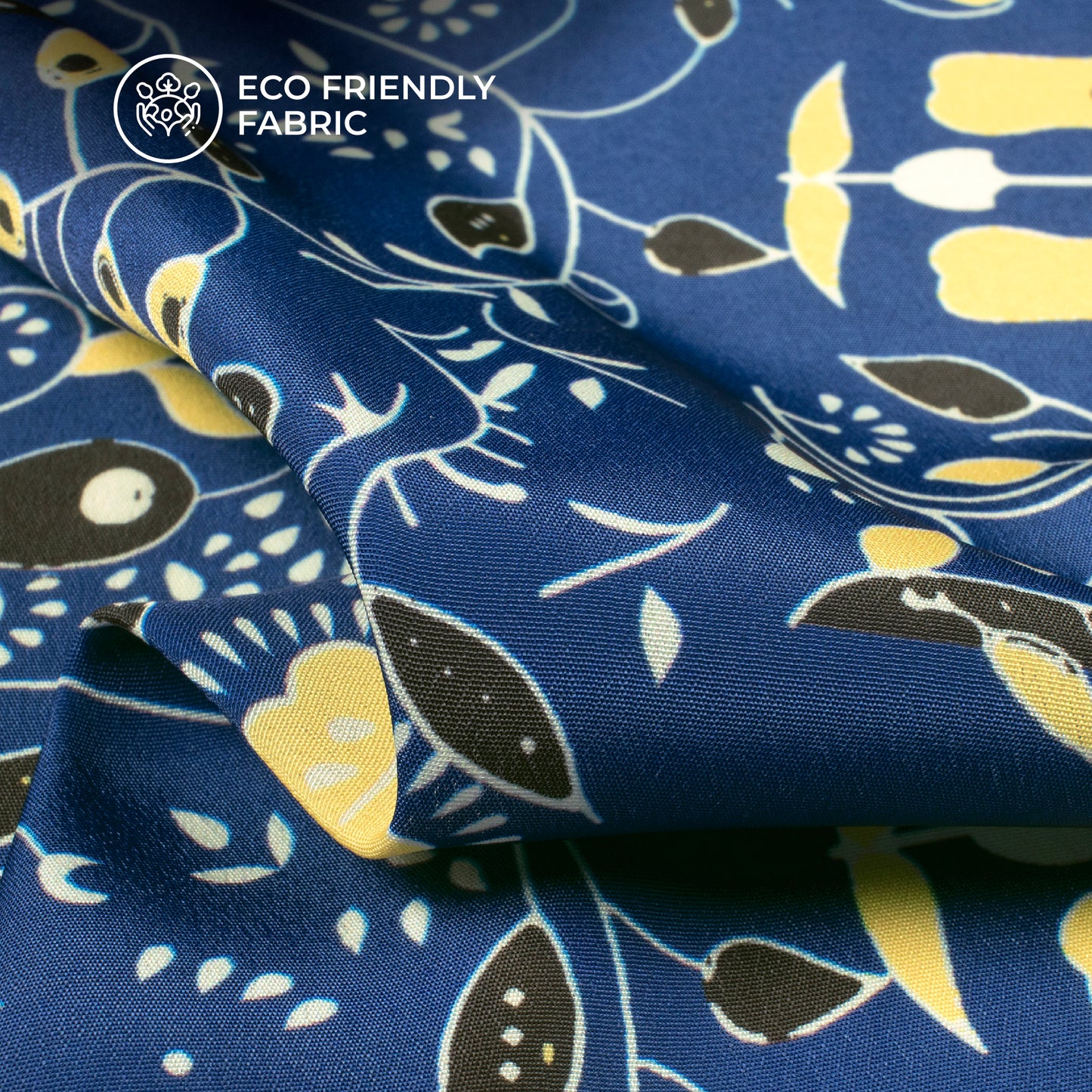 Navy Blue Floral Digital Print Crepe Silk Fabric